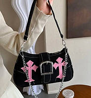 трендовая сумка багет з fashion деталями y2k, черная розовые кресты, цепочка