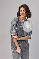 Женская футболка оверсайз стильная футболка трикотажная вареная футболка с объемным цветком в технике тай дай