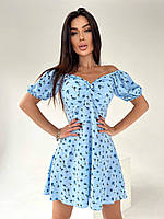 Стильное прогулочное летнее женское короткое мини платье сарафан цветочный софт принт с коротким рукавом Голубой, 42/44