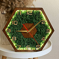 Часы в форме соты с подсветкой, настенные часы с дерева, часы шестигранник ,часы с мхом, часы из мха