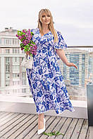 Платье длинное с кружевом батал, стильное нарядное летнее платье батал, длинное платье-халат батал синий, 62/64