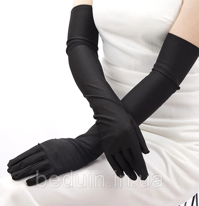 Довгі карнавальні сатинові рукавички гетсбі — чорні Aushal Jewellery, фото 1