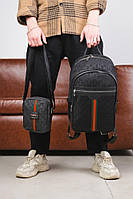 AI Комплект рюкзак текстиль + месенджер Gucci чорний, зелено-червона смуга