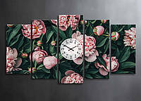 Картина Модульная с Часами Розовые Большие Пионы Декор с 5 частей на Стену Пионы Цветочный Сад с Пионами Цветы