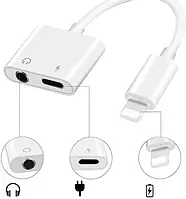 Кабель переходник 2 в1 Lightning в Jack 3.5 mm и Lightning (наушники + зарядка) 0,1m белый