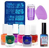 Набір для стемпінгу. (Штамп, пластина, лаки, рідка стрічка для стемпінгу.)