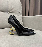 Черные женские лакированные туфли - лодочки YSL с золотым каблуком Yves Saint Laurent Opyum ив сен лоран Опиум