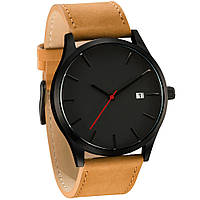 Мужские часы наручные с черным циферблатом и коричневым ремешком