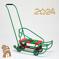 Детские Санки Патриот LUX с колесиками зеленые, с толкателем, планка красно-зеленая Eco-пластик