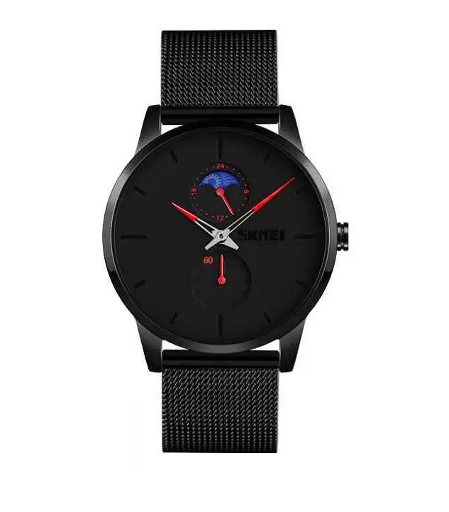 Чоловічий наручний класичний годинник Skmei 9208 (Чорний з червоними стрілками), фото 1