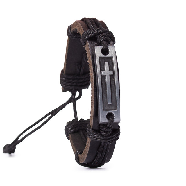 Чорний шкіряний браслет з зображенням металевого хрестика Чорний шкіряний браслет з зображенням металевого хрестика