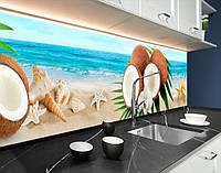 Кухонная плитка на кухонный фартук морской пляж с кокосами, с двухсторонним скотчем 62 х 410 см, 1,2 мм