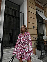 Жіноча літня лляна сукня сорочка з модним принтом та поясом