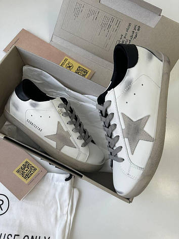 Чоловічі білі шкіряні кросівки Golden Goose Super-Star з чорною зіркою білі кеди, фото 1