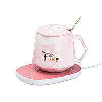 ZAQ Чашка керамическая с крышкой 400 мл с подставкой для подогрева Розовая