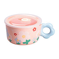 ZAQ Чашка бульонница керамическая 750 мл с пластиковой крышкой "Цветок" Розовая супница миска для лапши