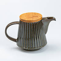 ZAQ Заварочный чайник 850 мл керамический с бамбуковой крышкой Зеленый с коричневым