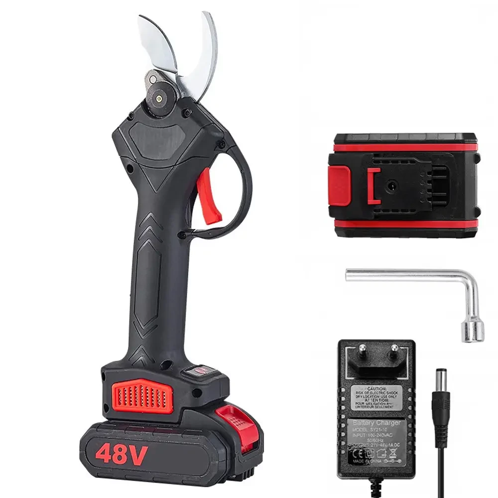 Секатор електричний Чорно-червоний 48V у валізі, Акумуляторні садові ножиці, електросекатор, фото 1