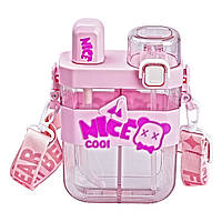 ZAQ Бутылка для воды с трубочкой 620 мл многоразовая с ремешком Розовая