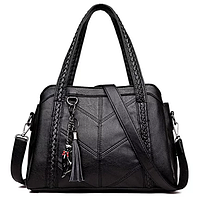 Женская сумка через плечо, вместительная имеет три отдельных отделения с дополнительными карманами черная