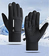 Зимние перчатки с карманом мужские спортивные водонепроницаемые сенсорные флисовые черные (теплые, бег, лыжи,