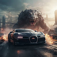 Картина на полотні "Bugatti Chiron & Godzilla"
