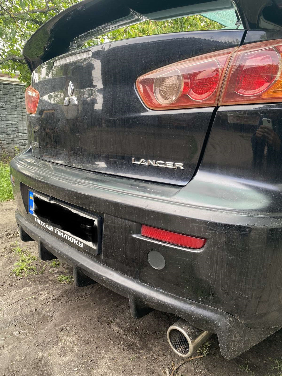 Спідниця дифузор заднього бампера Лансер 10 Дифузор заднього бампера (одна труба) Mitsubishi Lancer X 2007-2016