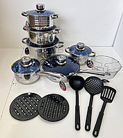 Качественные металлические кастрюли с толстым дном антипригарное покрытие, Набор кухонной посуды с лопатками