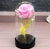 Роза с позолотой в стеклянной колбе с LED подсветкой на батарейках,Цветок с волшебными гирляндами в куполе int