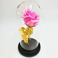 Светящаяся роза с золотыми лепестками в вакуумном куполе, Ночник Роза со светодиодной подсветкой Розовая int