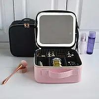 Портативная косметичка органайзер в форме чемоданчика на молнии с встроенным зеркалом и LED подсветкой int