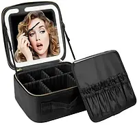 Портативная косметичка органайзер в форме чемоданчика на молнии с встроенным зеркалом и LED подсветкой Черный