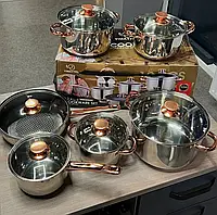 Комплект кухонной посуды с антипригарной сковородой и сотейником с крышками из жаропрочного стекла 12 шт int
