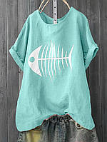 Женская летняя футболка из жатого льна с рисунком размеры 46-60