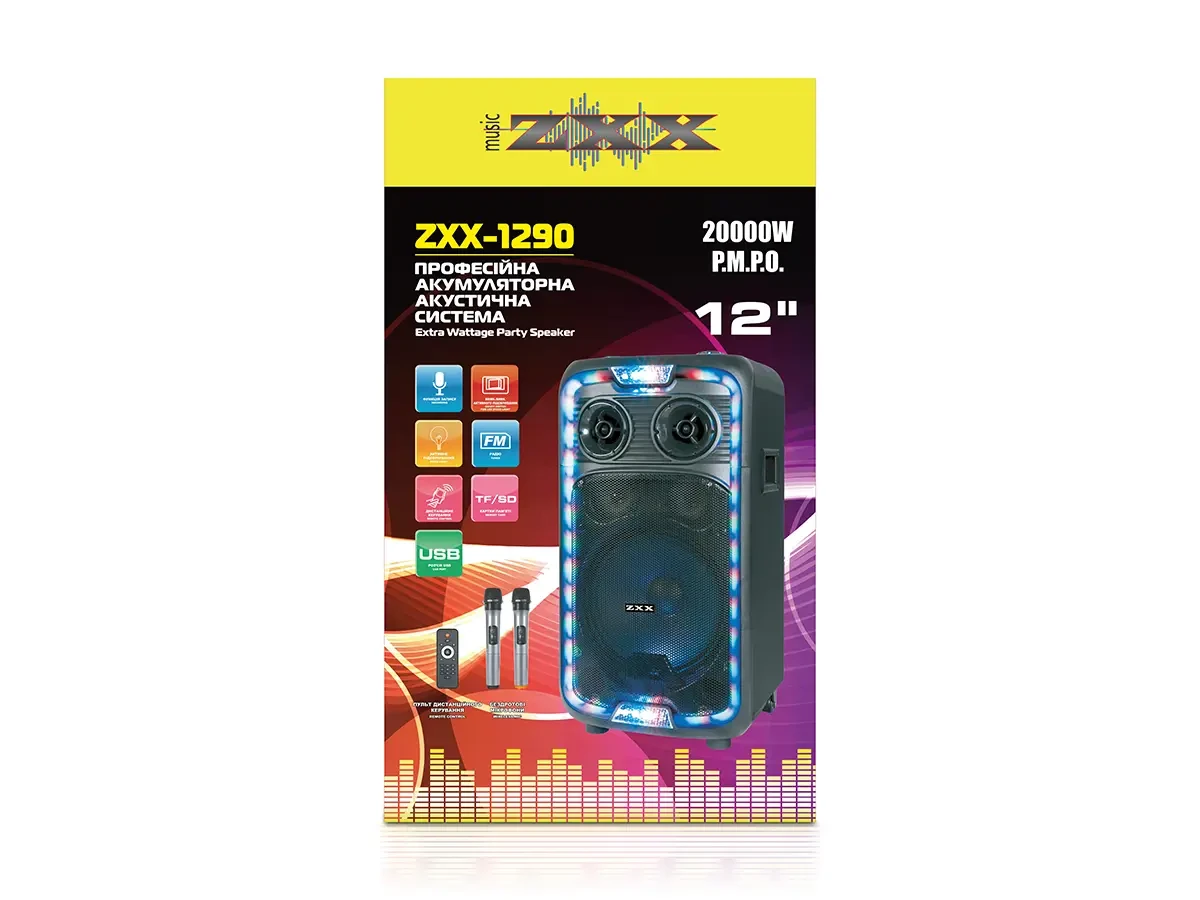 Акустична переносна колонка ZXX-1290 60Вт 12" 71х345х30см TWS/FM/USB/TF/SD/BT/REC/LED/2MIC/ДК 1шт 6737