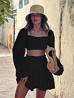 Модный женский костюм двойка черный, стильный летний однотонный костюм топ+юбка