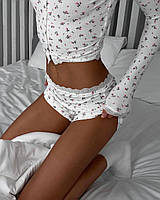 Женская пижама топ+шорты молочного цвета, стильный современный комплект качественный рубчик принт+кружево
