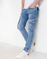 Стильні чоловічі джинси якісні з бічними кишенями, звужені, колір синій, 28-34