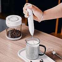 Капучинатор ручной аккумуляторный USB белый миксер-вспениватель молока с насадкой для яиц Whisk Eggbeater
