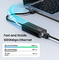Сетевой адаптер/хаб Ugreen USB 3.0 - 3хUSB 3.0 + RJ45 Ethernet 1000Mbps SAA