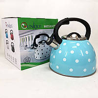 DIY Чайник с свистком для газовой плиты Unique UN-5301 2,5л горошек, металлический чайник. Цвет: голубой
