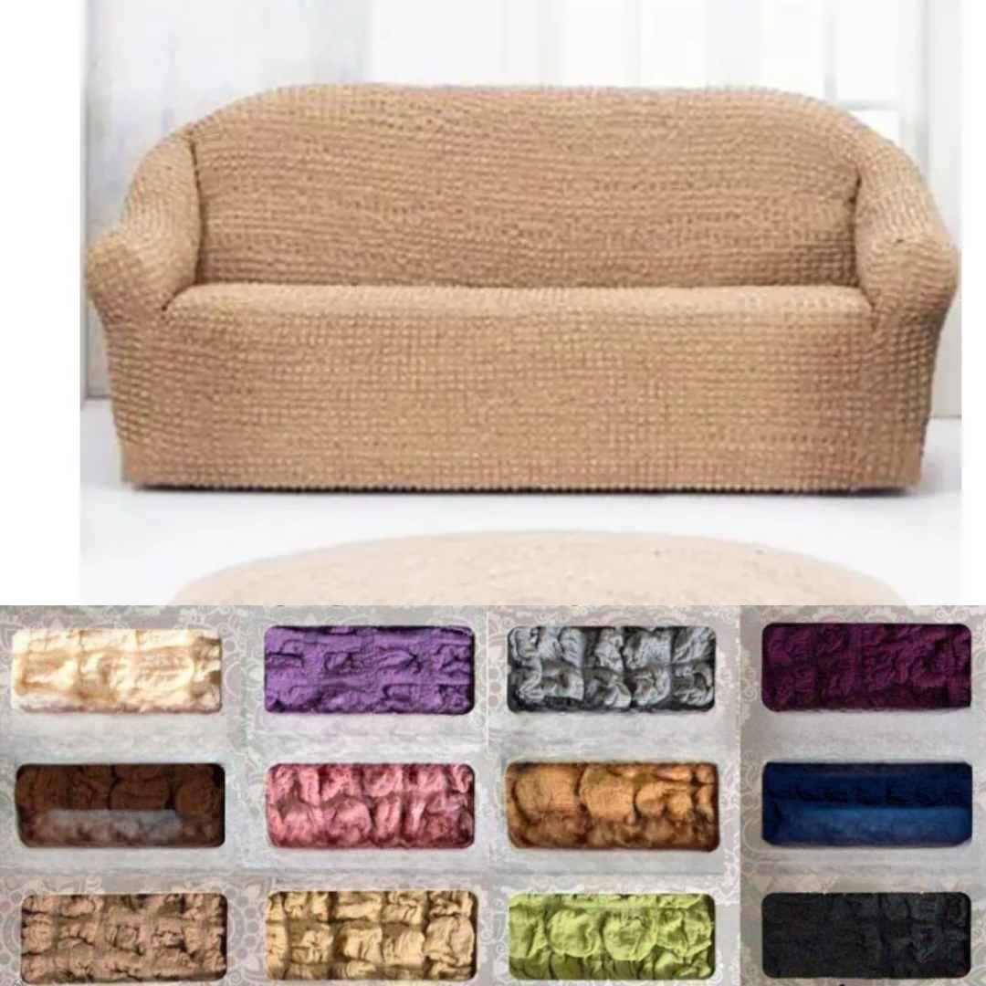 Натяжні чохли на диван накидки універсальні без оборки жатка, чохли на 3-х місні дивани без спідниці Капучино Бежевий, фото 1