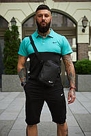 Мужской спортивный костюм Nike летний комплект футболка поло черно-бирюзовая и шорты барсетка В ПОДАРОК JMS M