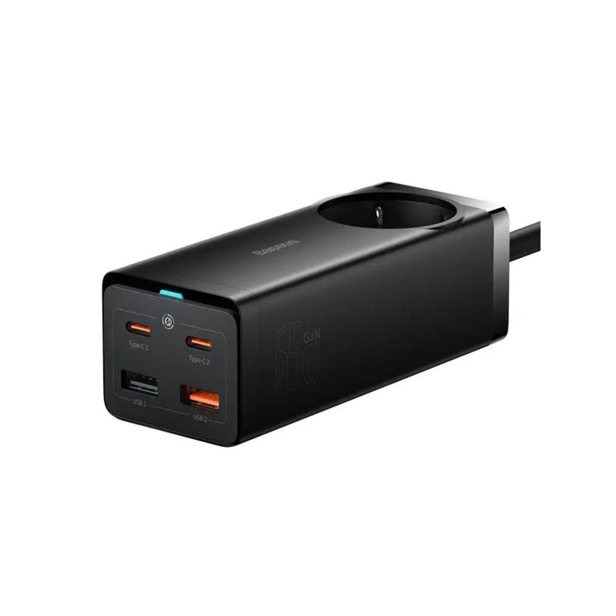 Мережевий зарядний пристрій Baseus GaN3 Pro Desktop Powerstrip AC+2U+2C 65W EU Black, 4 USB-порти, 1.5 м кабель, фото 1