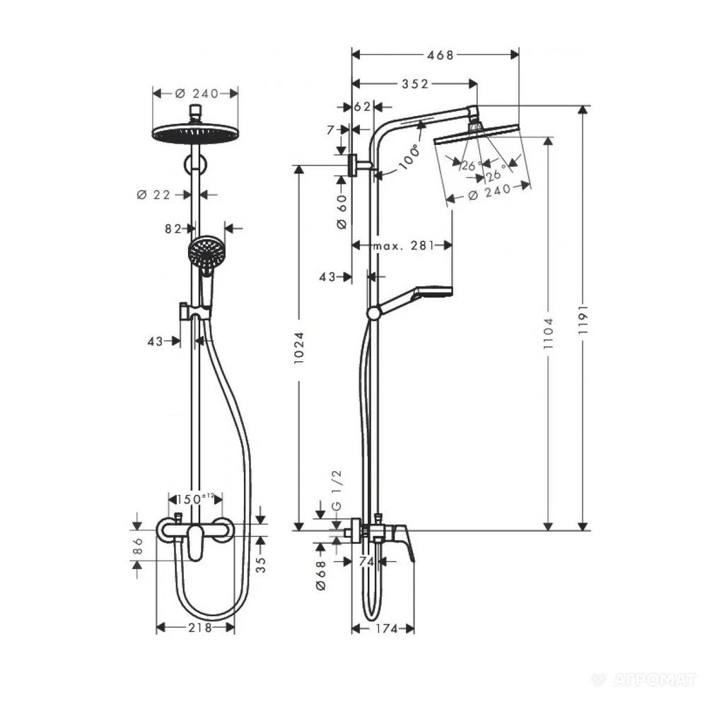Crometta E 240 1jet Showerpipe Душова система з одноважiльнийним змішувачем, хром, фото 1