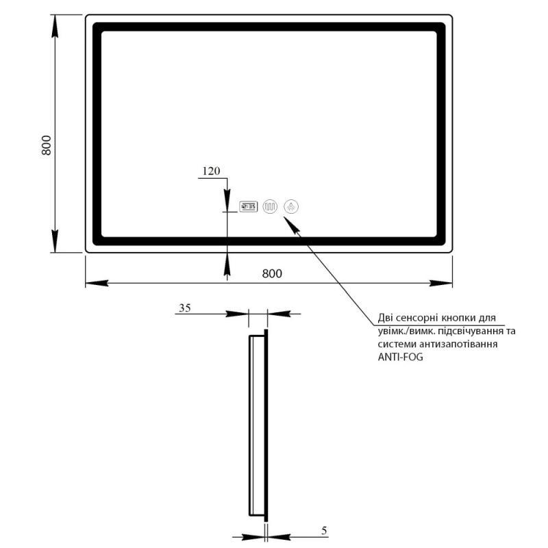 Дзеркало Qtap Mideya 800x800 з LED-підсвічуванням Touch, з антизапотіванням, з годинником, димером, рег.