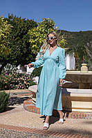 Воздушное стильное длинное женское однотонное нежное платье из муслина с длинным рукавом голубой, 42/44