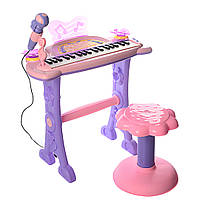 Детское пианино-синтезатор на 37 клавиш с микрофоном 6613 Синтезатор на ножках с стульчиком