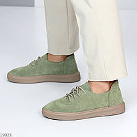 Повседневные женские замшевые зелёные туфли весенние Натуральная замша Весна Осень