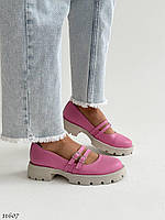 Premium! Женские кожаные розовые лоферы на каблуке весенние туфли Натуральная кожа Весна Осень